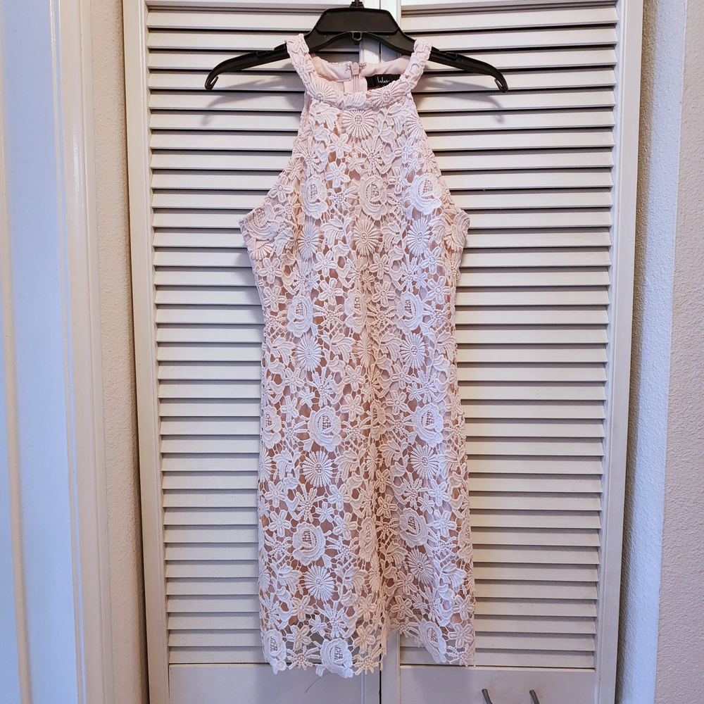 Lulu's Light Blush Floral Crochet Halter Mini Dress